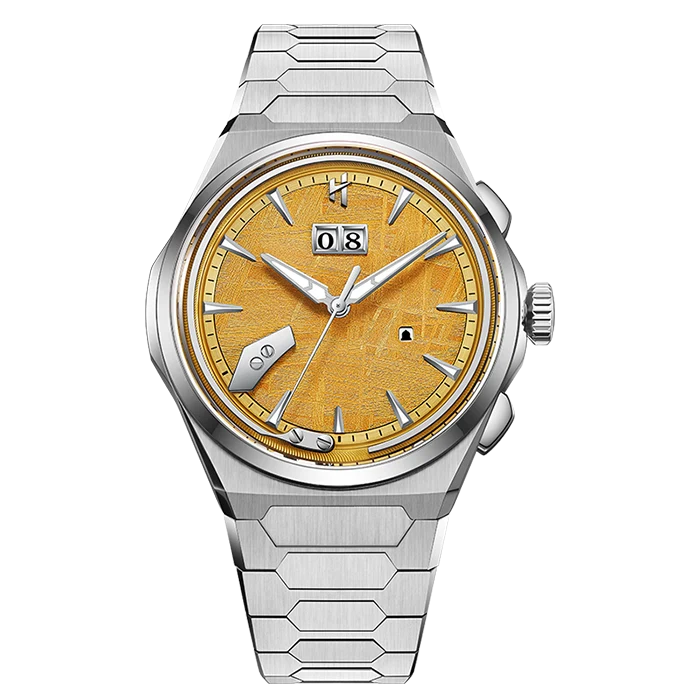 A luxury stainless steel wristwatch featuring a textured gold dial, silver-tone hour markers, and a matching multi-link hexagonal metal bracelet, shown against a plain white background.