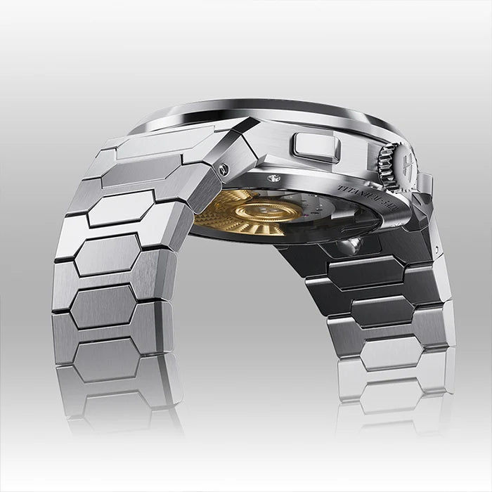 Silver futuristic bracelet with geometric design on a light gray background