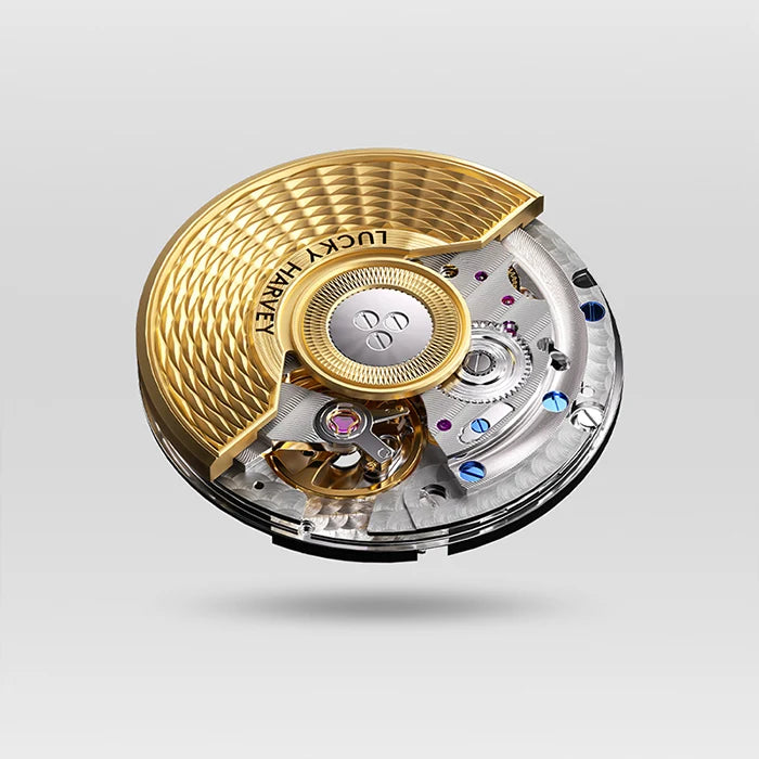 Close-up of a watch mechanism with gold and silver components on a light gray background