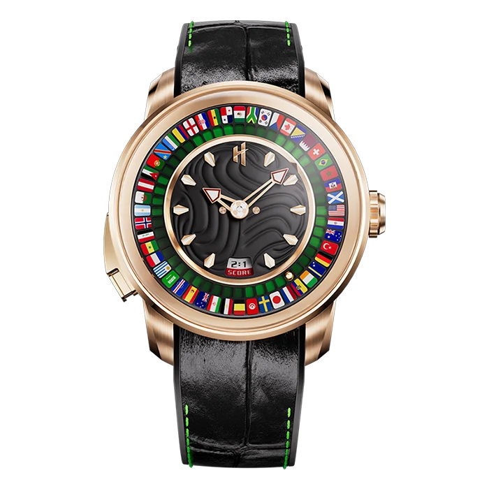 A luxury watch with a rose gold case, black leather strap with green stitching, and a highly detailed multicolor flag dial.