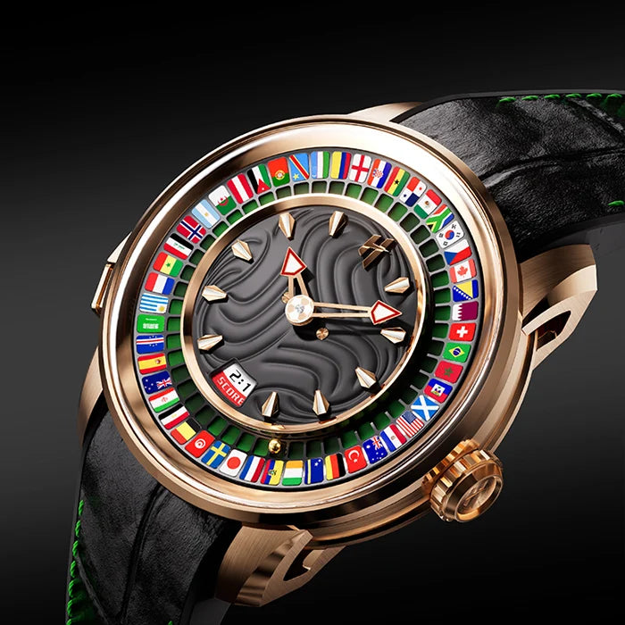 Luxury watch with a detailed face featuring international flags on a black background