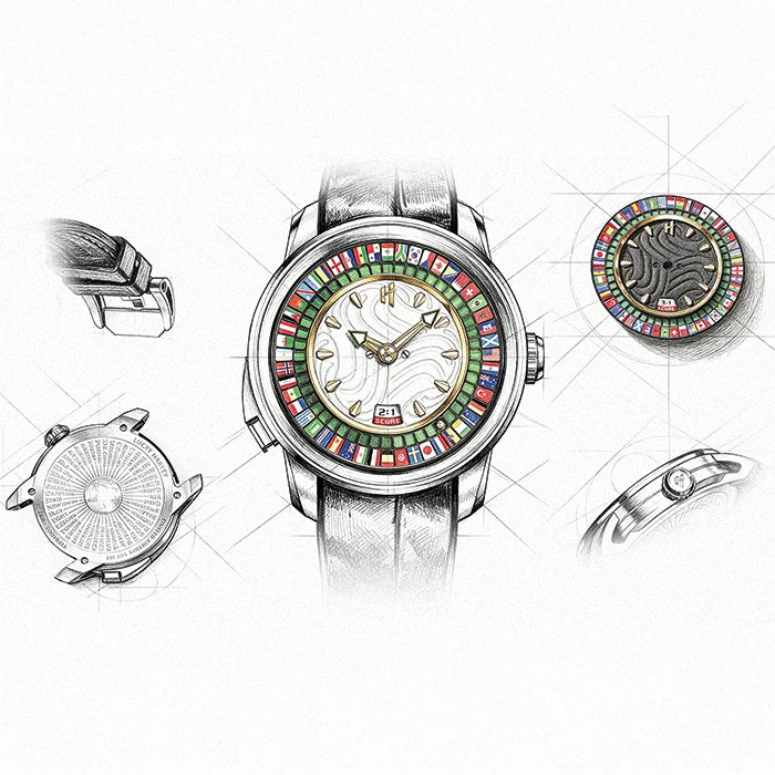 Detailed illustration of a watch with a colorful face and various components on a white background
