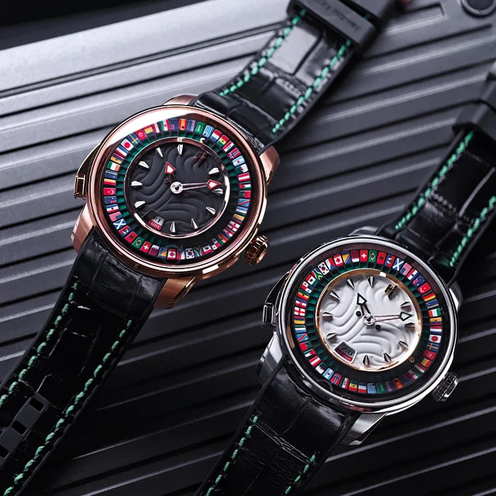 Two watches with colorful face designs on a metallic background