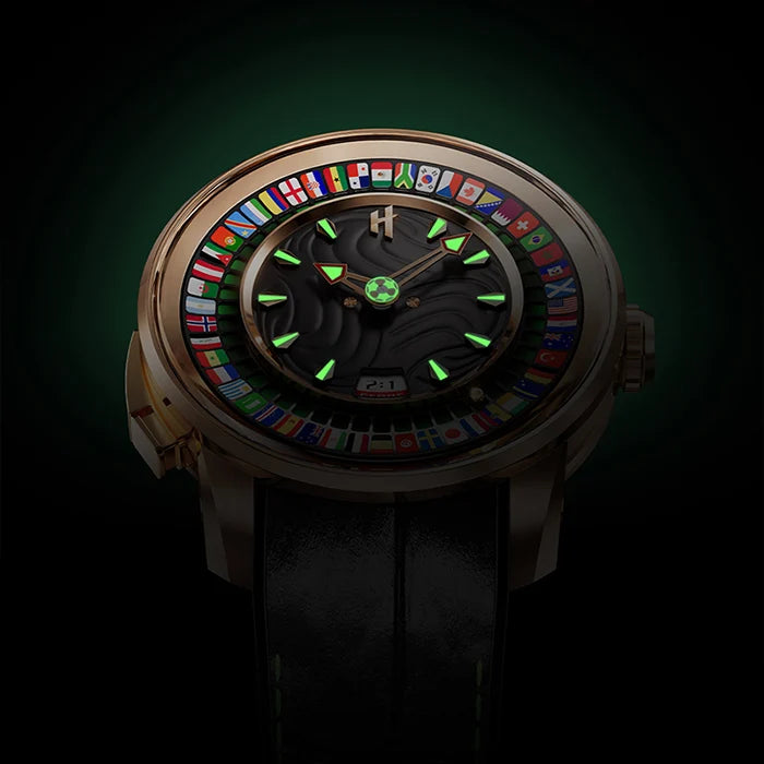 Luxury watch with colorful flag markers on a dark background