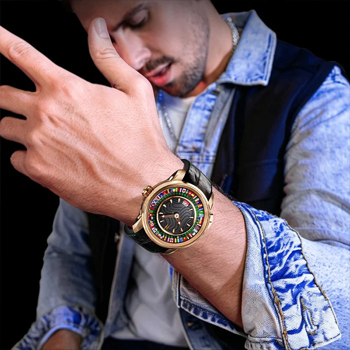 Man wearing a colorful watch on his wrist with a dark background