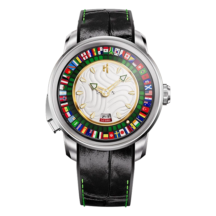 A luxury watch with a round silver-tone case, a white dial featuring gold hands and a ring of colorful international flags, and a black leather strap with green stitching.