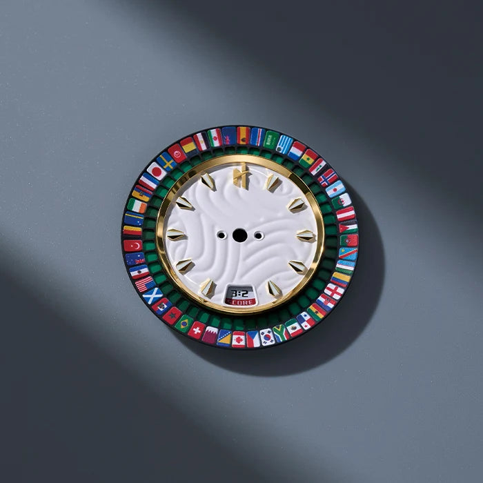 Decorative clock face with international flags on a gray background