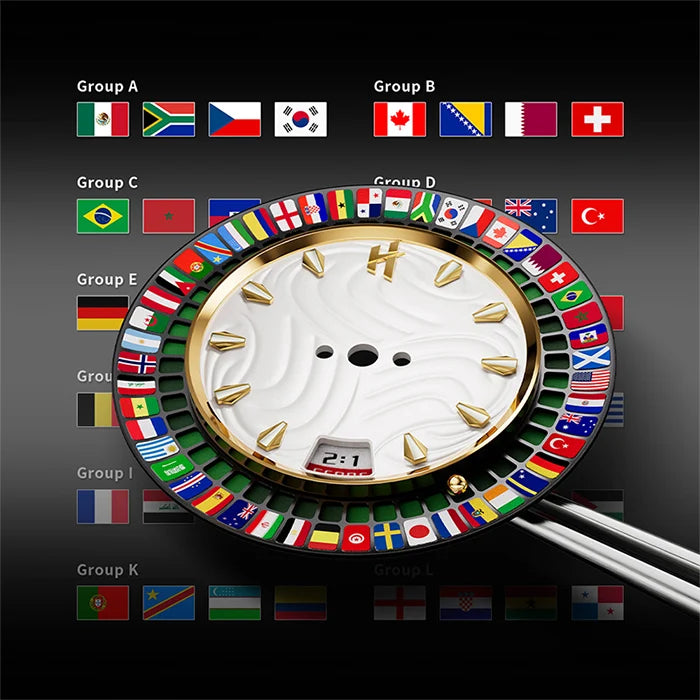 Clock with international flags around the rim on a dark background