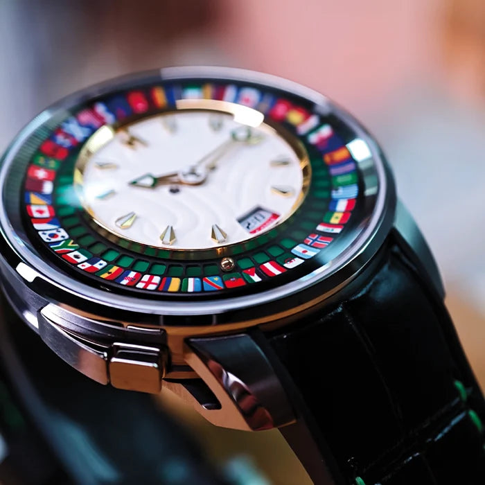 Luxury watch with a colorful world map dial